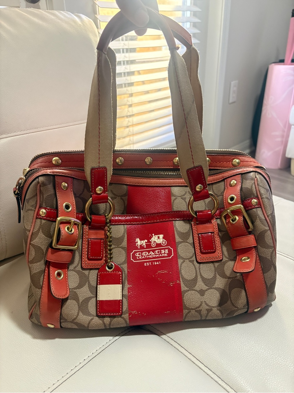 Coach Brown Signature Canvas Satchel with Red Leather Accents